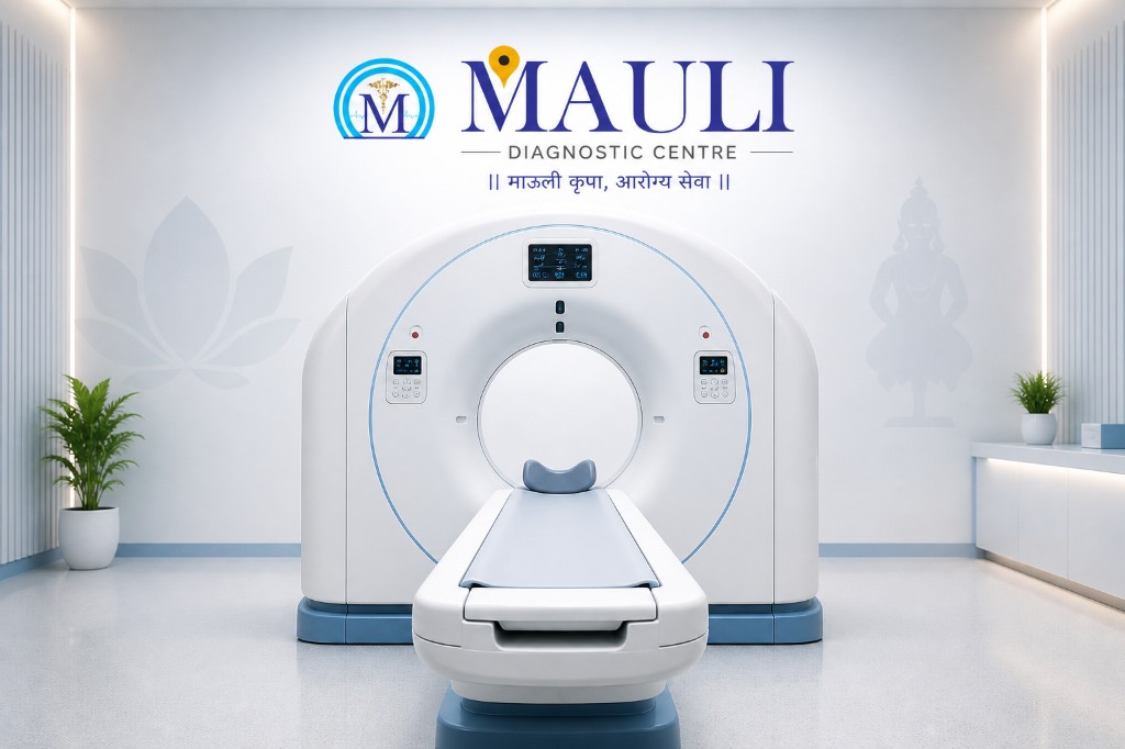 Mauli Diagnostic Centre — CT scanner suite with MAULI wall logo, bright modern clinical space